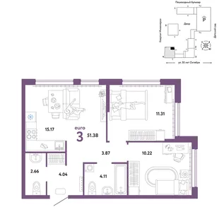 Планировка 3-комн. квартира, 51.38 м² ЖК «Сердце Сибири»