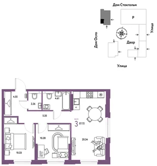 Планировка 3-комн. квартира, 57.72 м² ЖК «Европейский берег 2.0»
