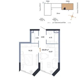 Планировка 1-комн. квартира, 38.69 м² ЖК «Репаблик»