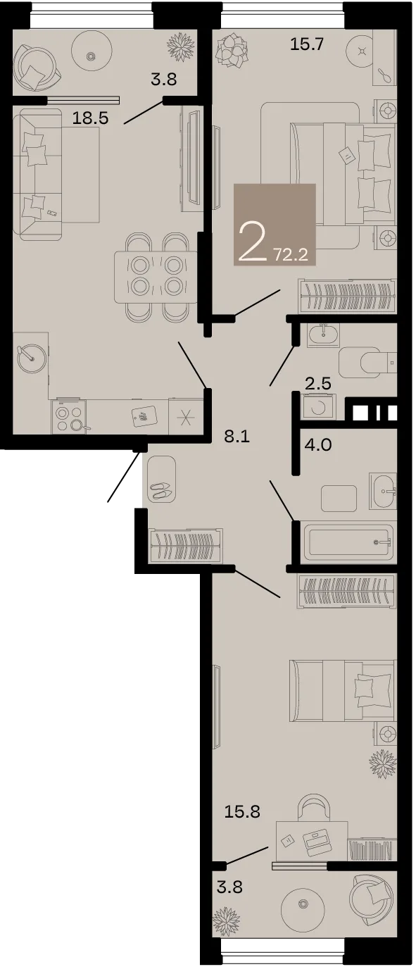 Планировка 2-комн. квартира, 72.2 м² ЖК «Хозяин морей»