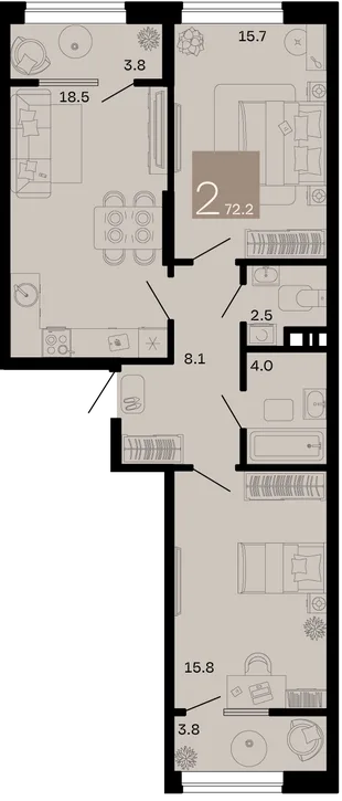 Планировка 2-комн. квартира, 72.2 м² ЖК «Хозяин морей»