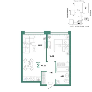 Планировка 2-комн. квартира, 40.22 м² ЖК «Сердце Сибири»