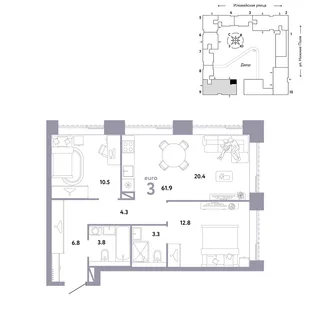 Планировка 3-комн. квартира, 61.9 м² ЖК «Страна.Заречная»