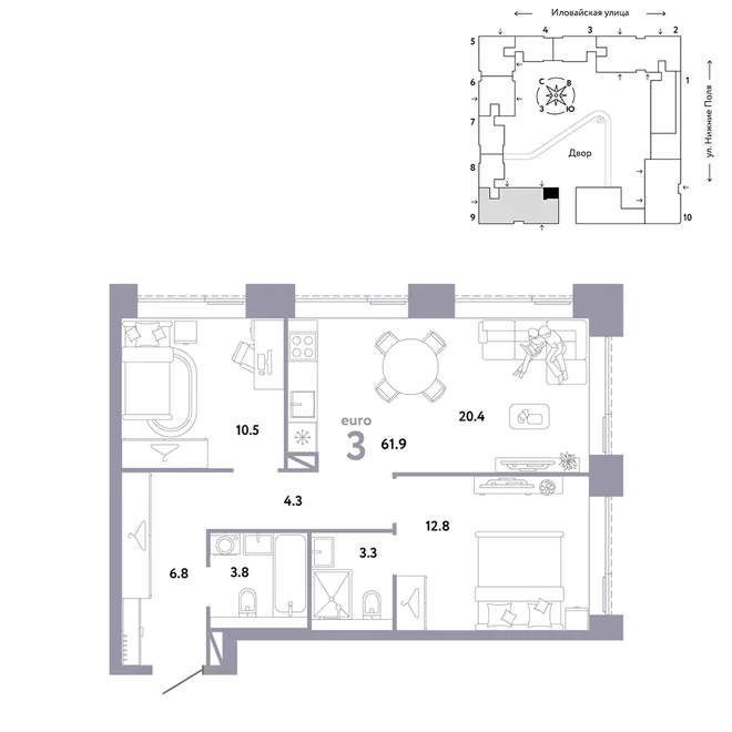 Планировка 3-комн. квартира, 61.9 м² ЖК «Страна.Заречная» Планировка 3-комн. квартира, 61.9 м² ЖК «Страна.Заречная»