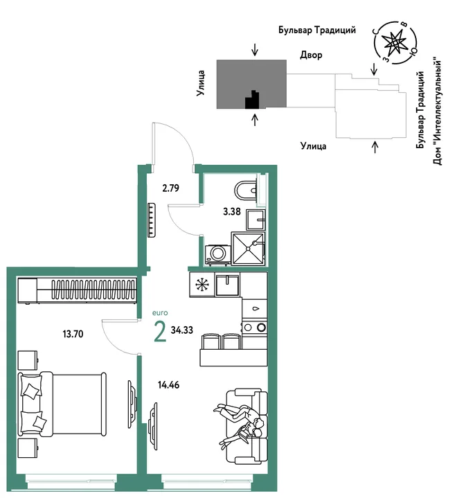 Планировка 2-комн. квартира, 34.33 м² ЖК «Микрорайон Домашний» Планировка 2-комн. квартира, 34.33 м² ЖК «Микрорайон Домашний»