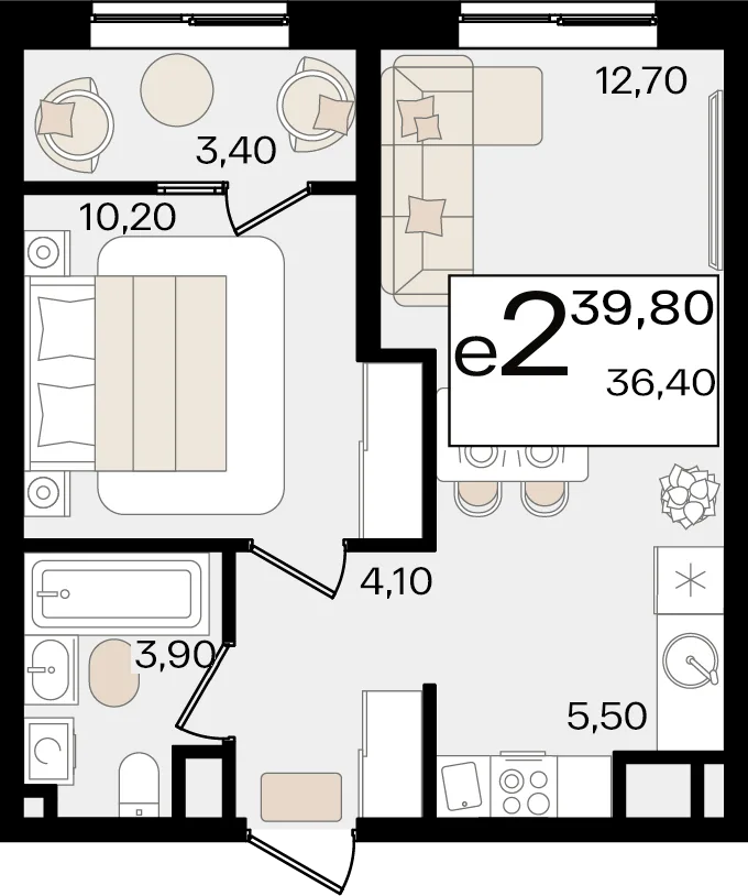 Планировка 2-комн. квартира, 39.8 м² ЖК «Патрики»