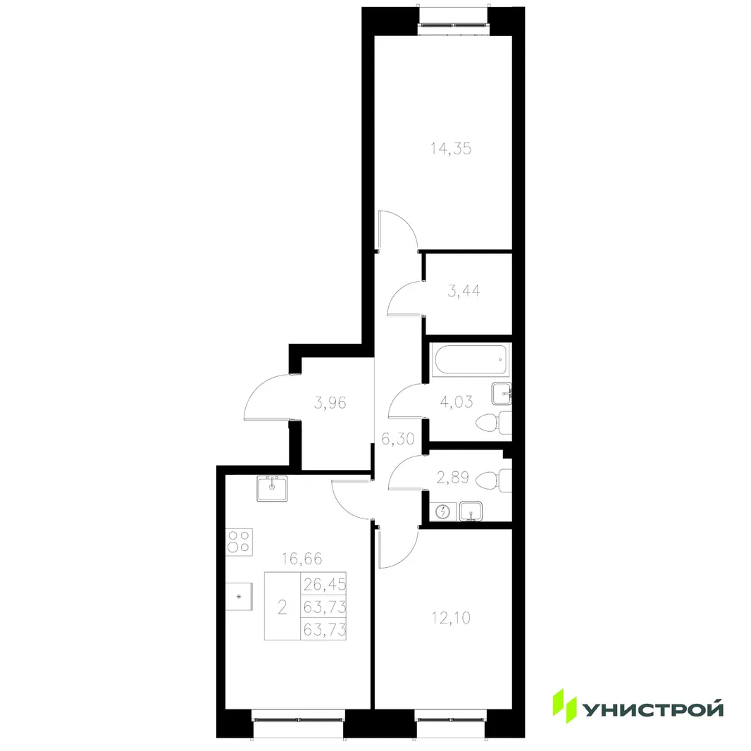 Планировка 2-комн. квартира, 63.73 м² ЖК «Statum»