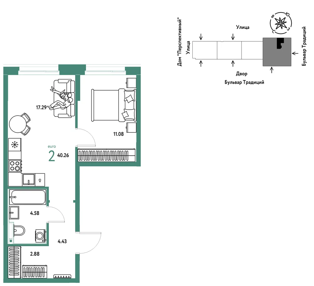 Планировка 2-комн. квартира, 40.26 м² ЖК «Микрорайон Домашний»