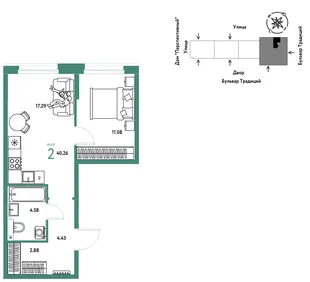 Планировка 2-комн. квартира, 40.26 м² ЖК «Микрорайон Домашний»