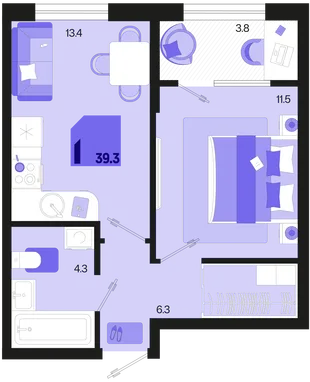 Планировка 1-комн. квартира, 39.3 м² ЖК «Первое место»