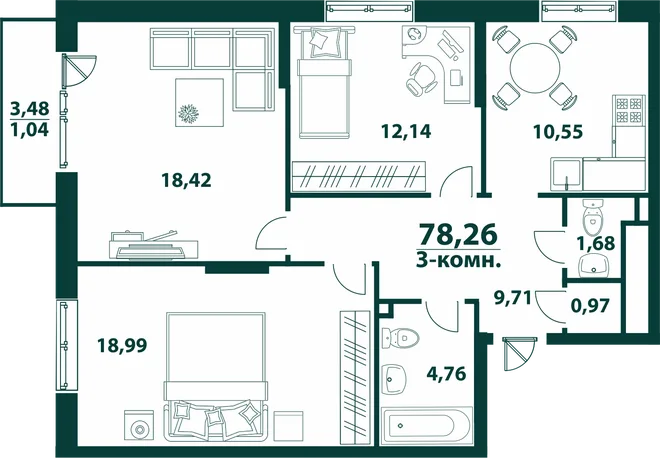 Планировка 3-комн. квартира, 78.26 м² ЖК «Аквамарин 2» Планировка 3-комн. квартира, 78.26 м² ЖК «Аквамарин 2»