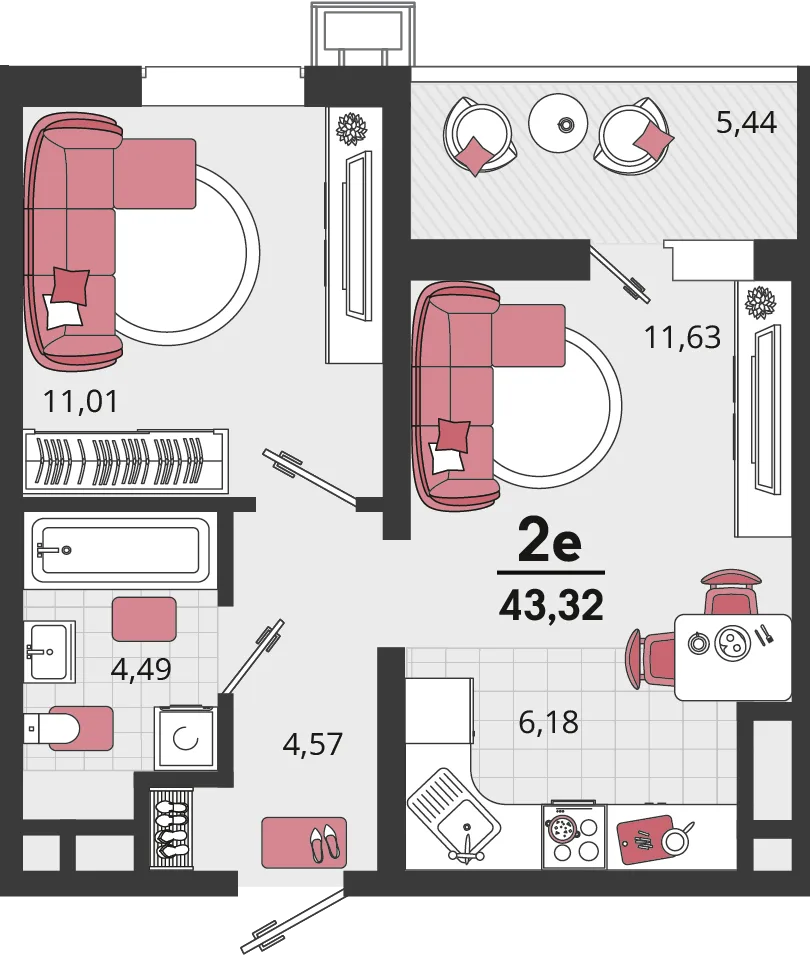 Планировка 2-комн. квартира, 43.32 м² ЖК «Родные просторы»