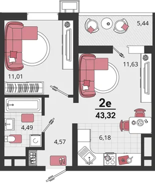 Планировка 2-комн. квартира, 43.32 м² ЖК «Родные просторы»