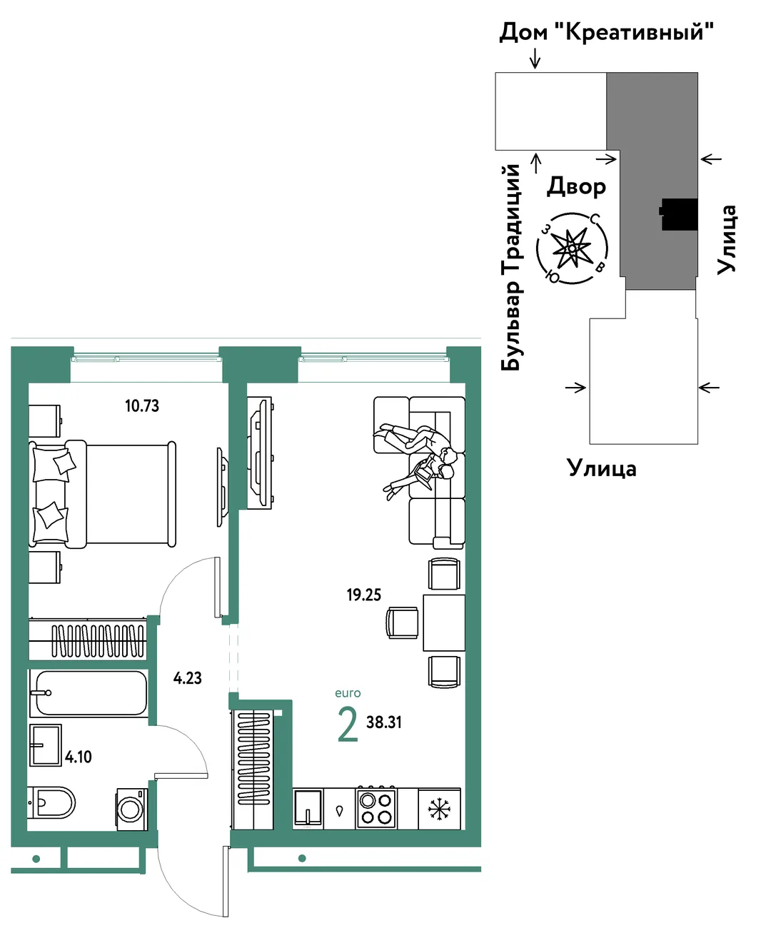 Планировка 2-комн. квартира, 38.31 м² ЖК «Микрорайон Домашний»