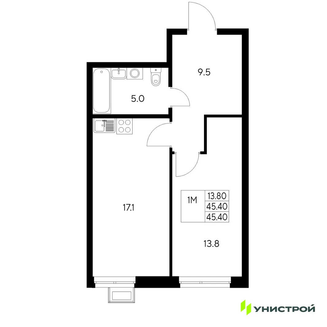Планировка 1-комн. квартира, 45.4 м² ЖК «Стадиум»