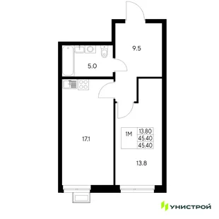 Планировка 1-комн. квартира, 45.4 м² ЖК «Стадиум»