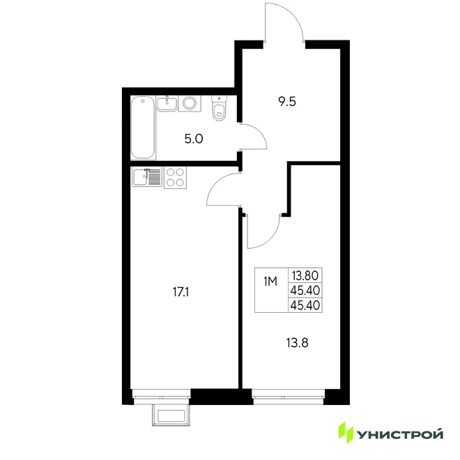 Планировка 1-комн. квартира, 45.4 м² ЖК «Стадиум» Планировка 1-комн. квартира, 45.4 м² ЖК «Стадиум»
