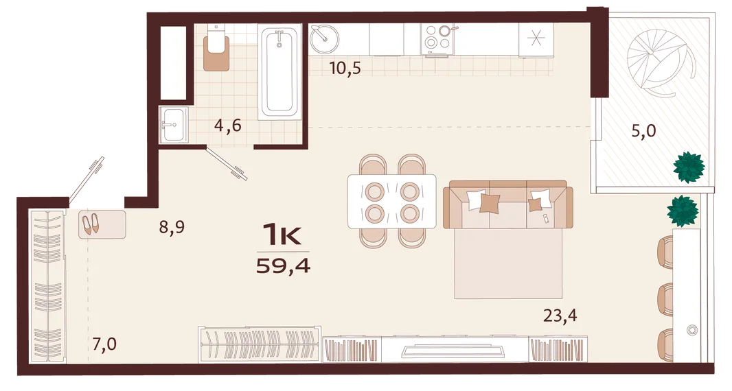 Планировка 1-комн. квартира, 59.4 м² ЖК «Роялта»