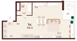 Планировка 1-комн. квартира, 59.4 м² ЖК «Роялта»