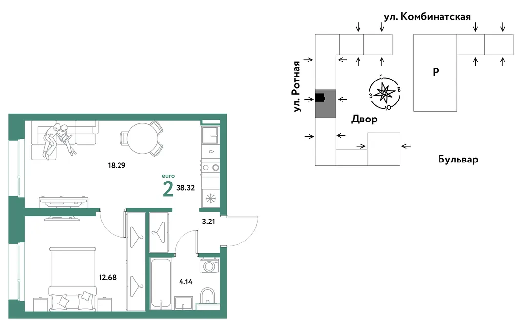 Планировка 2-комн. квартира, 38.11 м² ЖК «Уральский сад»