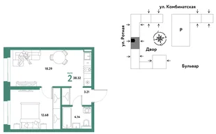 Планировка 2-комн. квартира, 38.11 м² ЖК «Уральский сад»