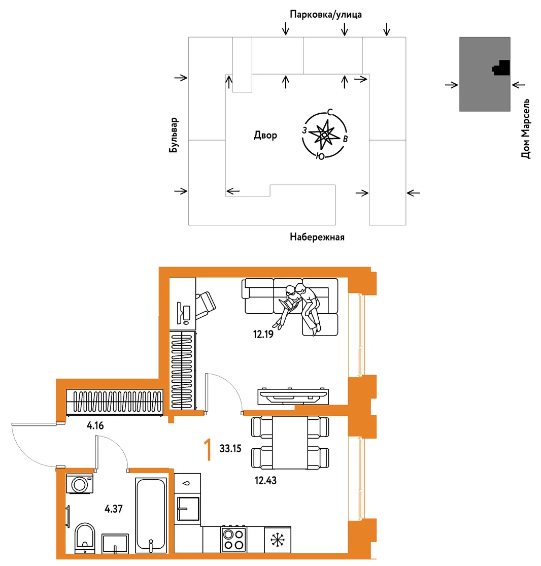Планировка 1-комн. квартира, 33.15 м² ЖК «Европейский берег 2.0»