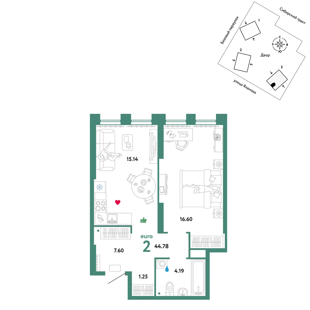 Планировка 2-комн. квартира, 44.78 м² ЖК «Сибирский сад»