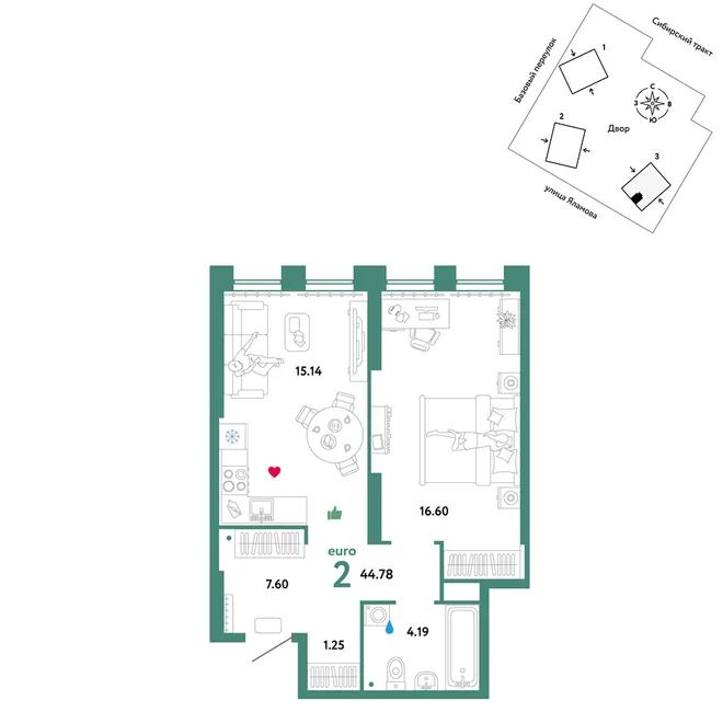 Планировка 2-комн. квартира, 44.78 м² ЖК «Сибирский сад» Планировка 2-комн. квартира, 44.78 м² ЖК «Сибирский сад»