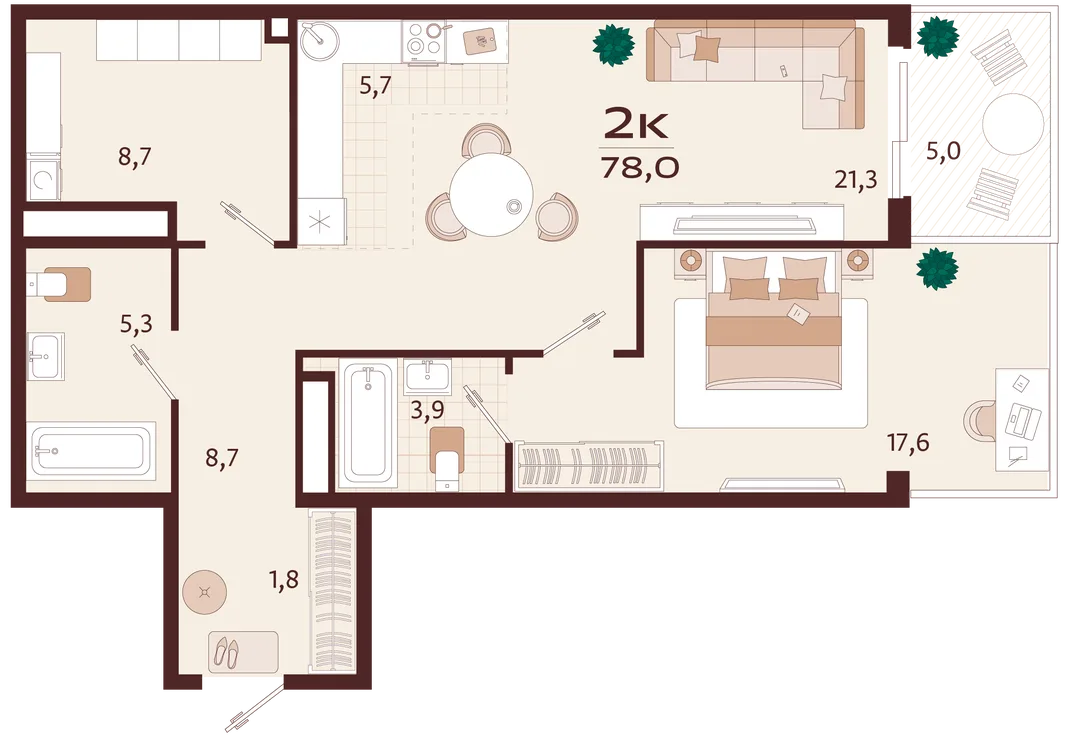 Планировка 2-комн. квартира, 78 м² ЖК «Роялта»