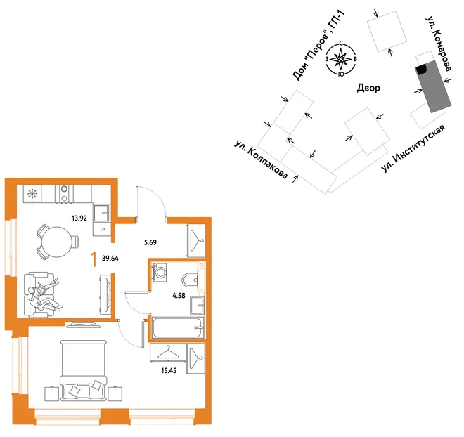 Планировка 1-комн. квартира, 39.64 м² ЖК «Страна.Парковая» Планировка 1-комн. квартира, 39.64 м² ЖК «Страна.Парковая»