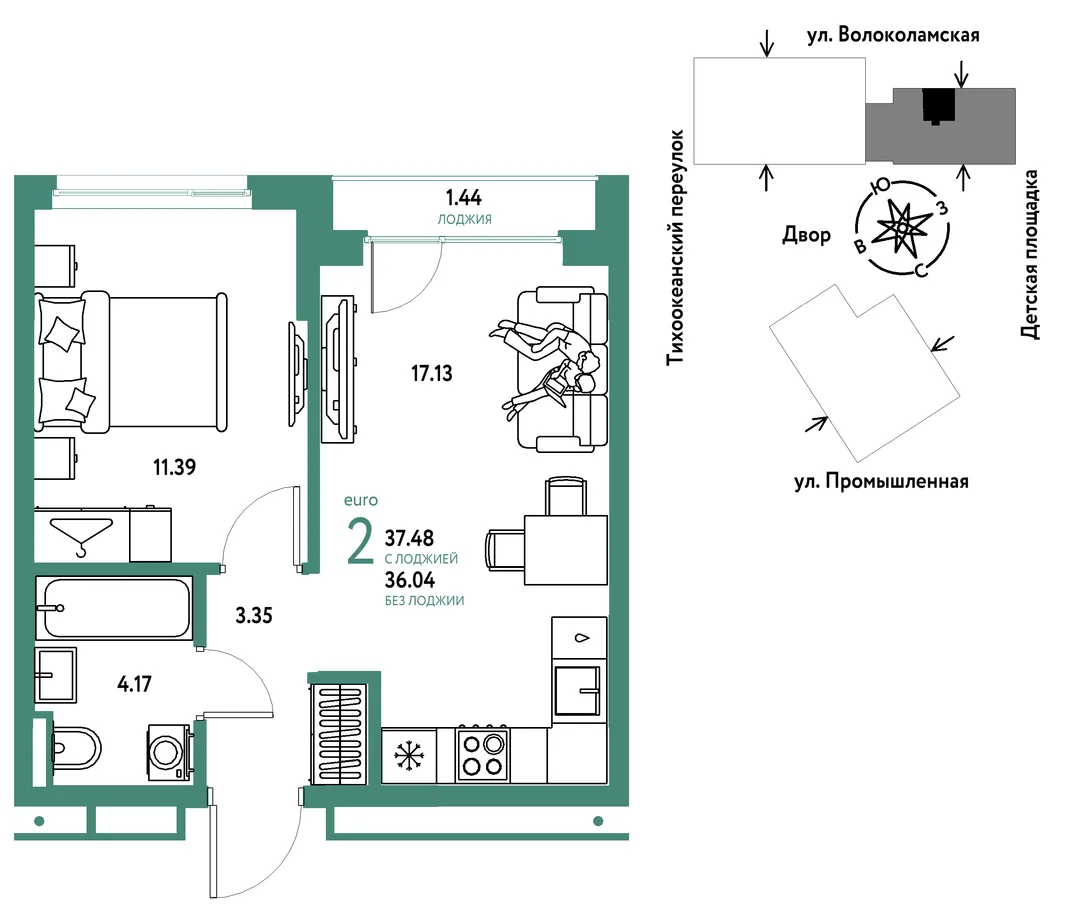 Планировка 2-комн. квартира, 37.48 м² ЖК «Страна Прибрежная»