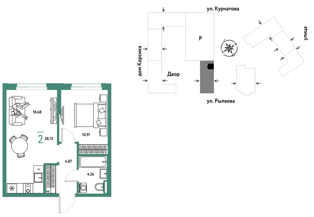 Планировка 2-комн. квартира, 38.69 м² ЖК «Остров-сад»