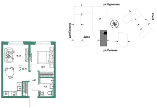 Планировка 2-комн. квартира, 38.69 м² ЖК «Остров-сад»