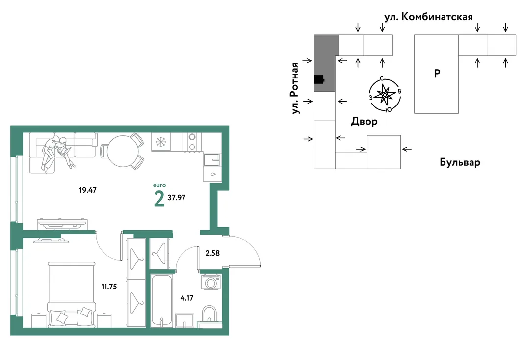 Планировка 2-комн. квартира, 37.8 м² ЖК «Уральский сад»