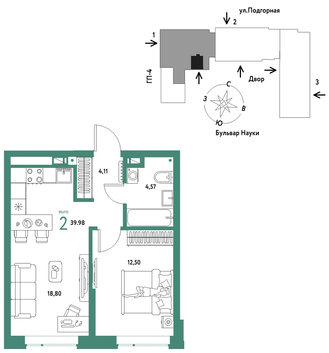 Планировка 2-комн. квартира, 39.98 м² ЖК «Авторский»