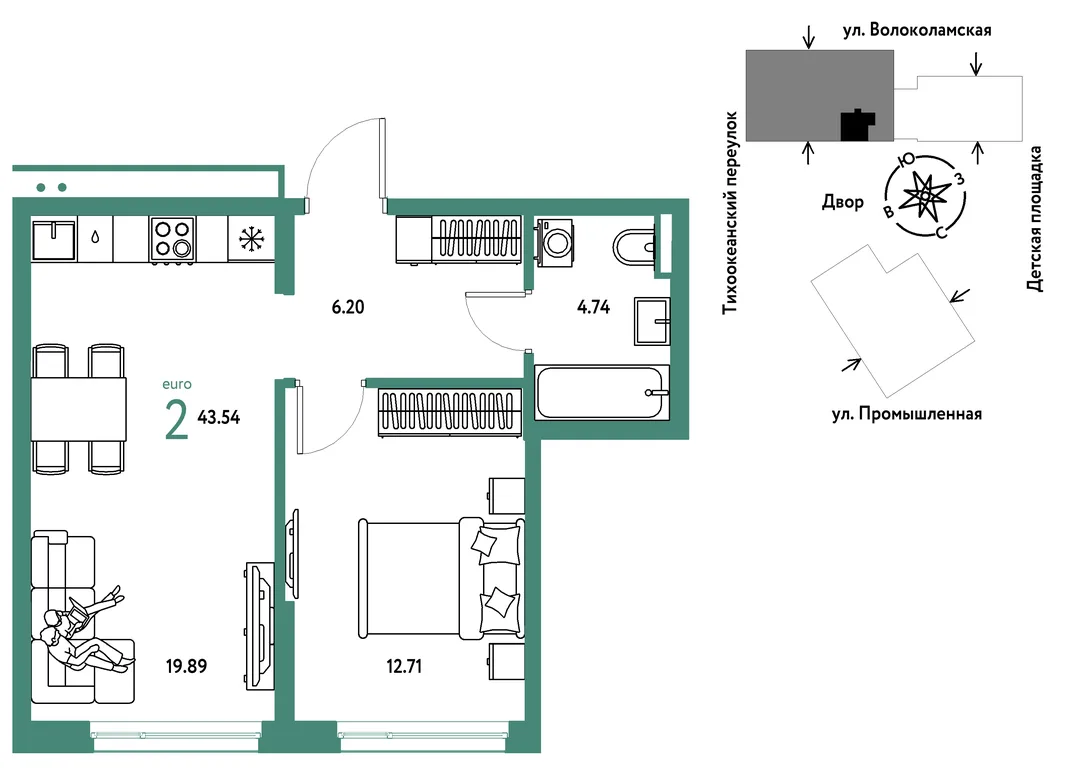 Планировка 2-комн. квартира, 43.54 м² ЖК «Страна Прибрежная»