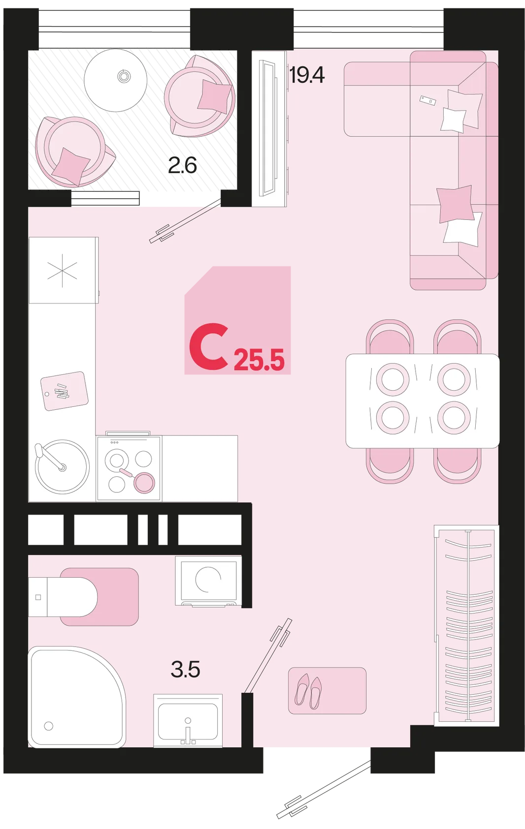 Планировка Студия, 25.5 м² ЖК «Первое место»