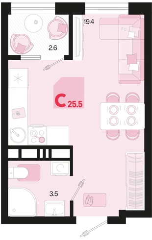 Планировка Студия, 25.5 м² ЖК «Первое место»