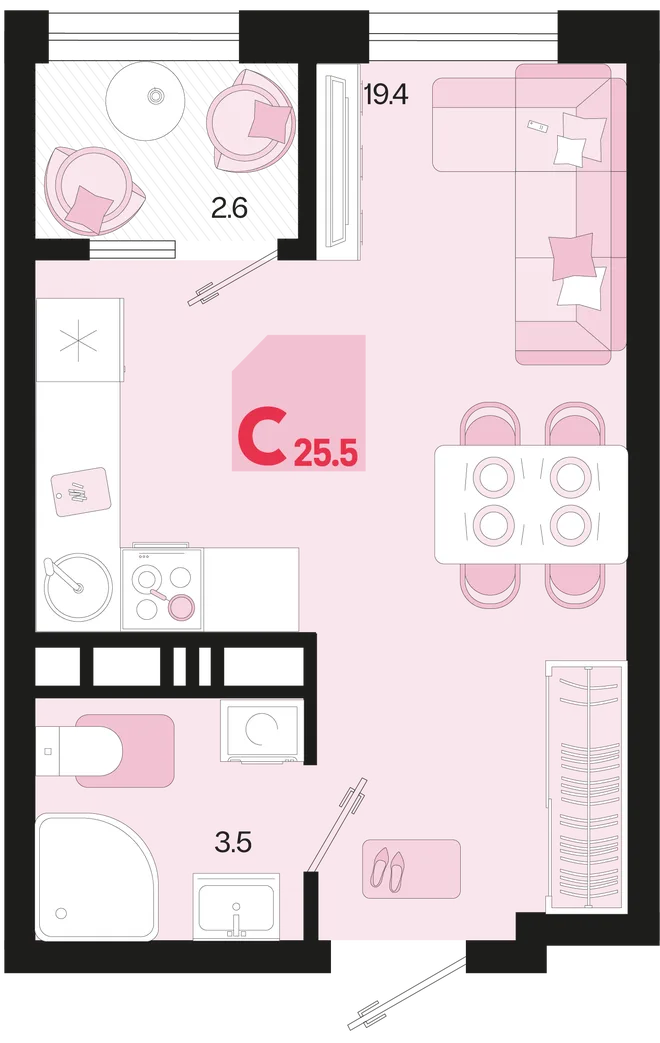 Планировка Студия, 25.5 м² ЖК «Первое место» Планировка Студия, 25.5 м² ЖК «Первое место»
