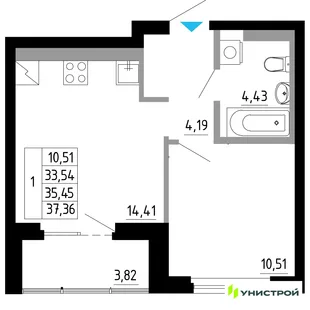 Планировка 1-комн. квартира, 35.45 м² ЖК «Небосклоны»