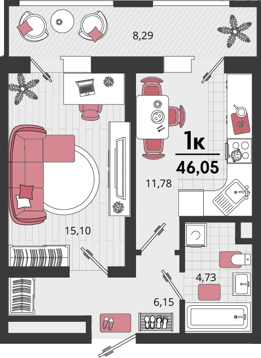 Планировка 1-комн. квартира, 46.05 м² ЖК «Родные просторы»