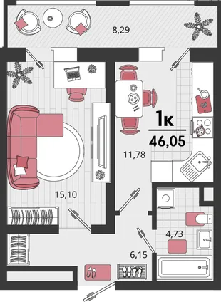 Планировка 1-комн. квартира, 46.05 м² ЖК «Родные просторы»