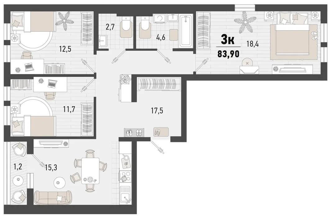 Планировка 3-комн. квартира, 85.1 м² ЖК «Барса»