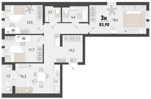 Планировка 3-комн. квартира, 85.1 м² ЖК «Барса»