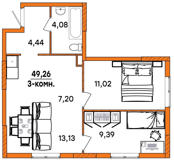 Планировка 3-комн. квартира, 49.26 м² ЖК «Юность» Планировка 3-комн. квартира, 49.26 м² ЖК «Юность»
