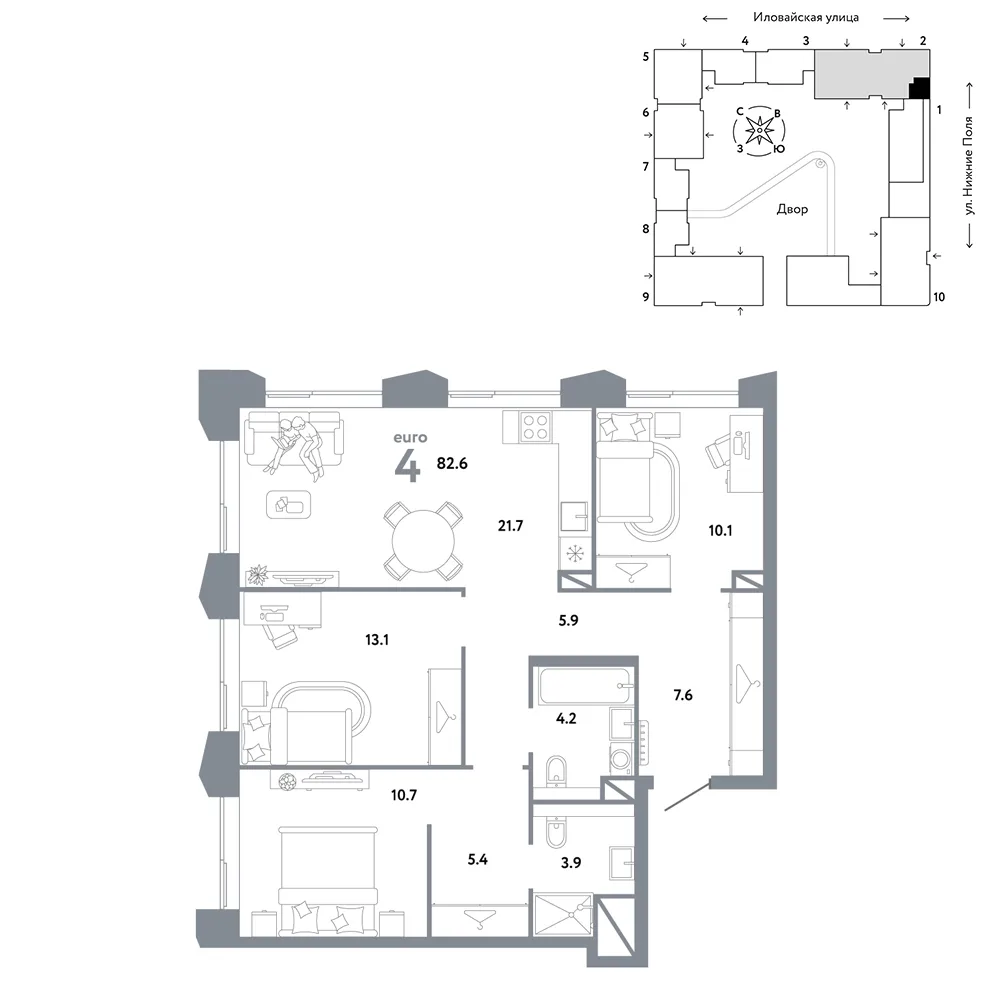 Планировка 4-комн. квартира, 82.6 м² ЖК «Страна.Заречная»
