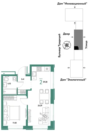 Планировка 2-комн. квартира, 39.28 м² ЖК «Микрорайон Домашний»