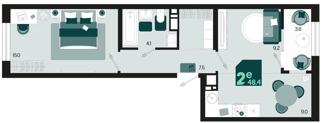 Планировка 2-комн. квартира, 48.4 м² ЖК «Первое место»