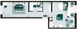 Планировка 2-комн. квартира, 48.4 м² ЖК «Первое место»