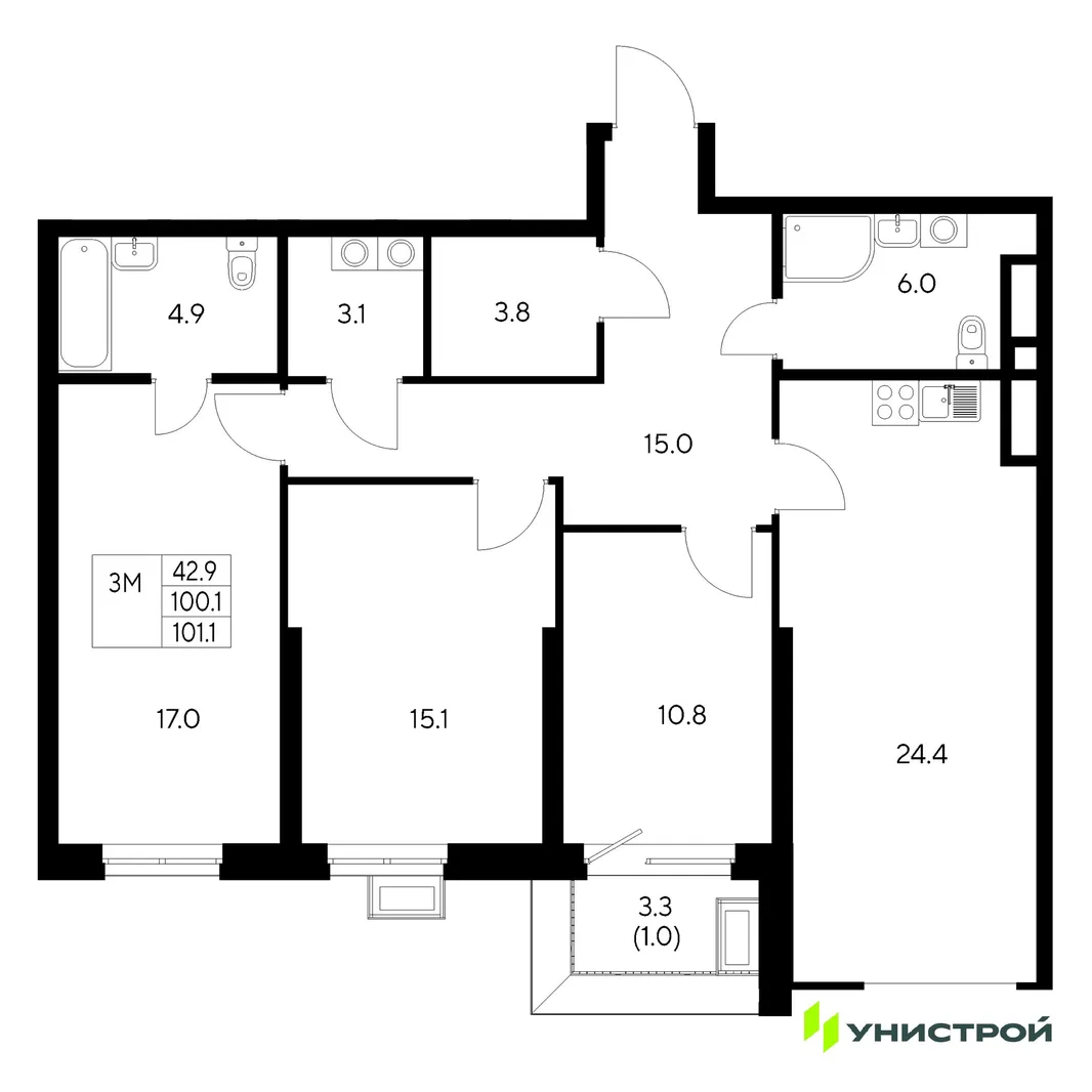 Планировка 3-комн. квартира, 101.1 м² ЖК «Стадиум»